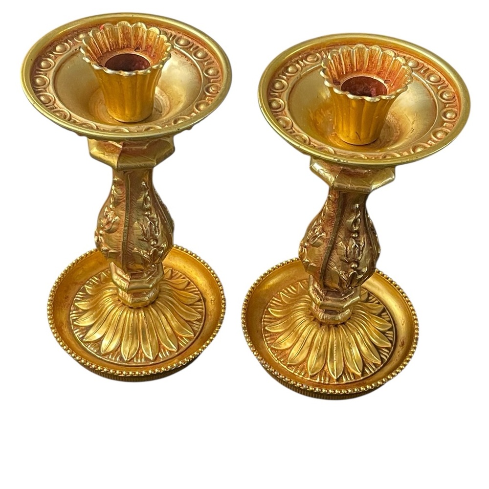 Pair Of French Empire Style Gold Brass Candle Holders Candlesticks - Signed MCM